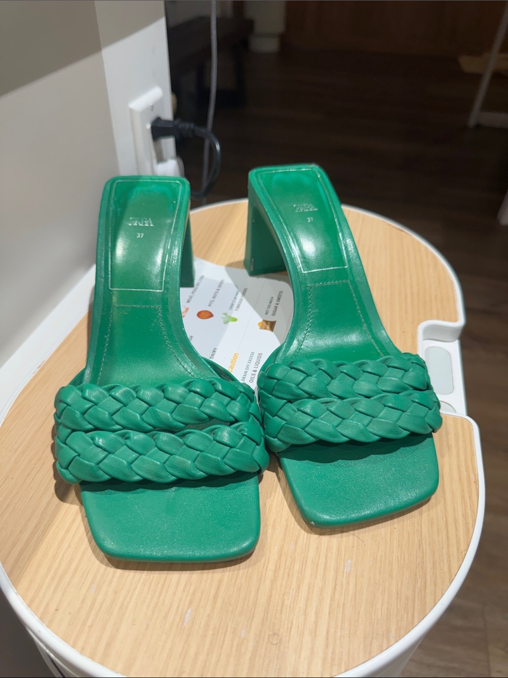 Zara Green Braided Square-Toe Mule Heels